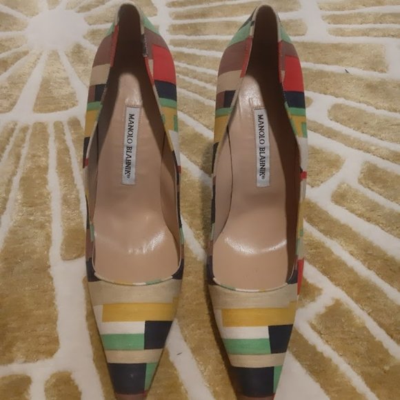 Manolo Blahnik 40.5 Heels Multicolor Geometric Pattern Sharp!